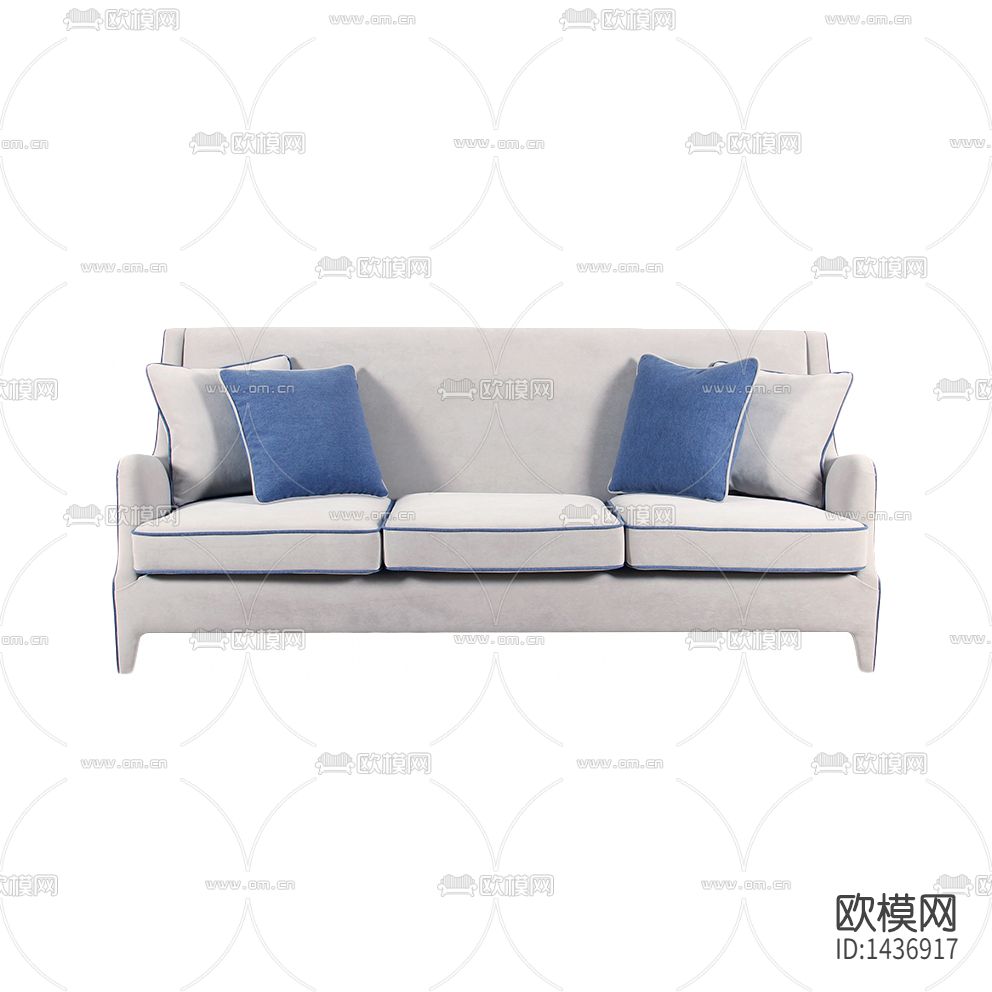 地中海简约创意白色布艺蓝边滚边三人沙发下载