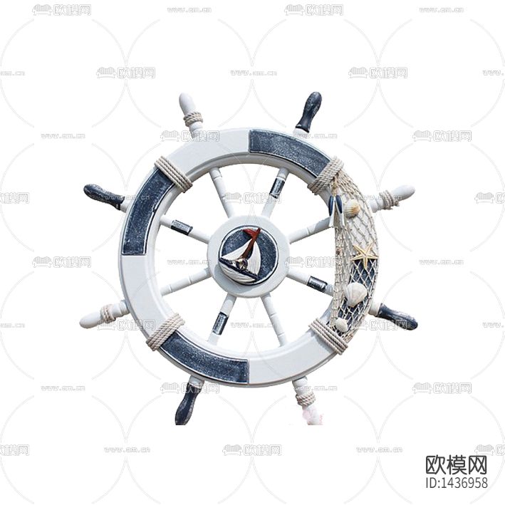 地中海创意蓝白色实木船舵壁饰下载