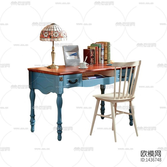 美式復古創(chuàng)意實木藍色實木書桌下載