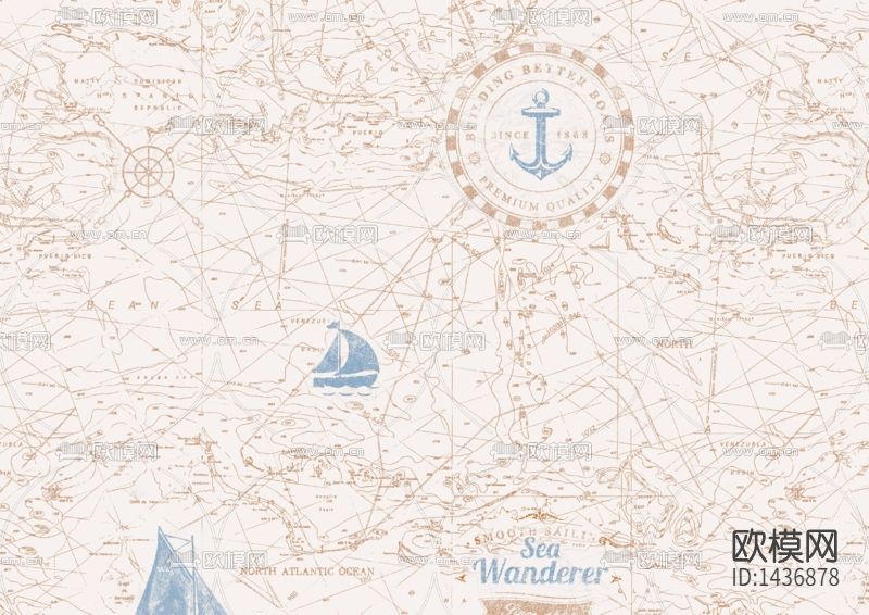 地中海创意航海图印花墙布下载