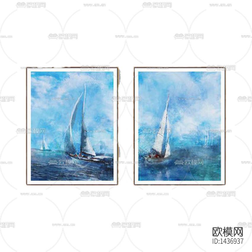 地中海创意蓝色海岸帆船双联装饰画下载