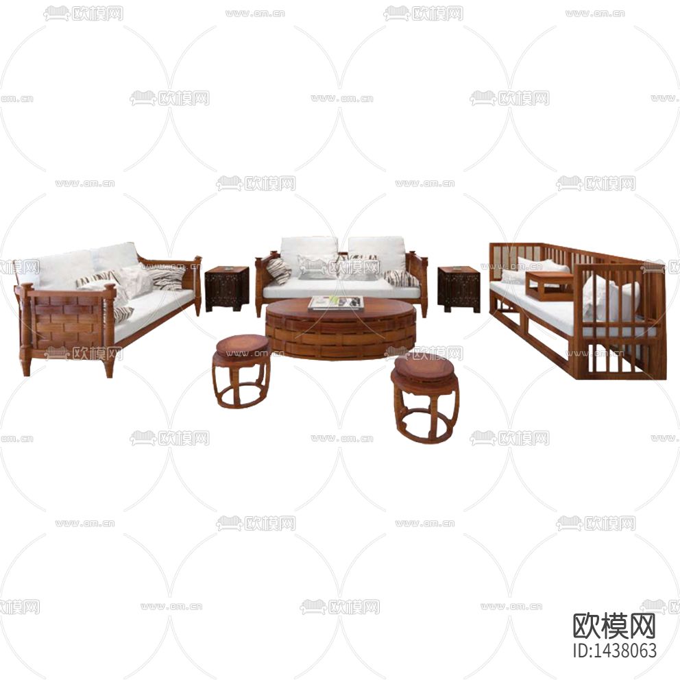 东南亚古典实木布艺多人沙发组合