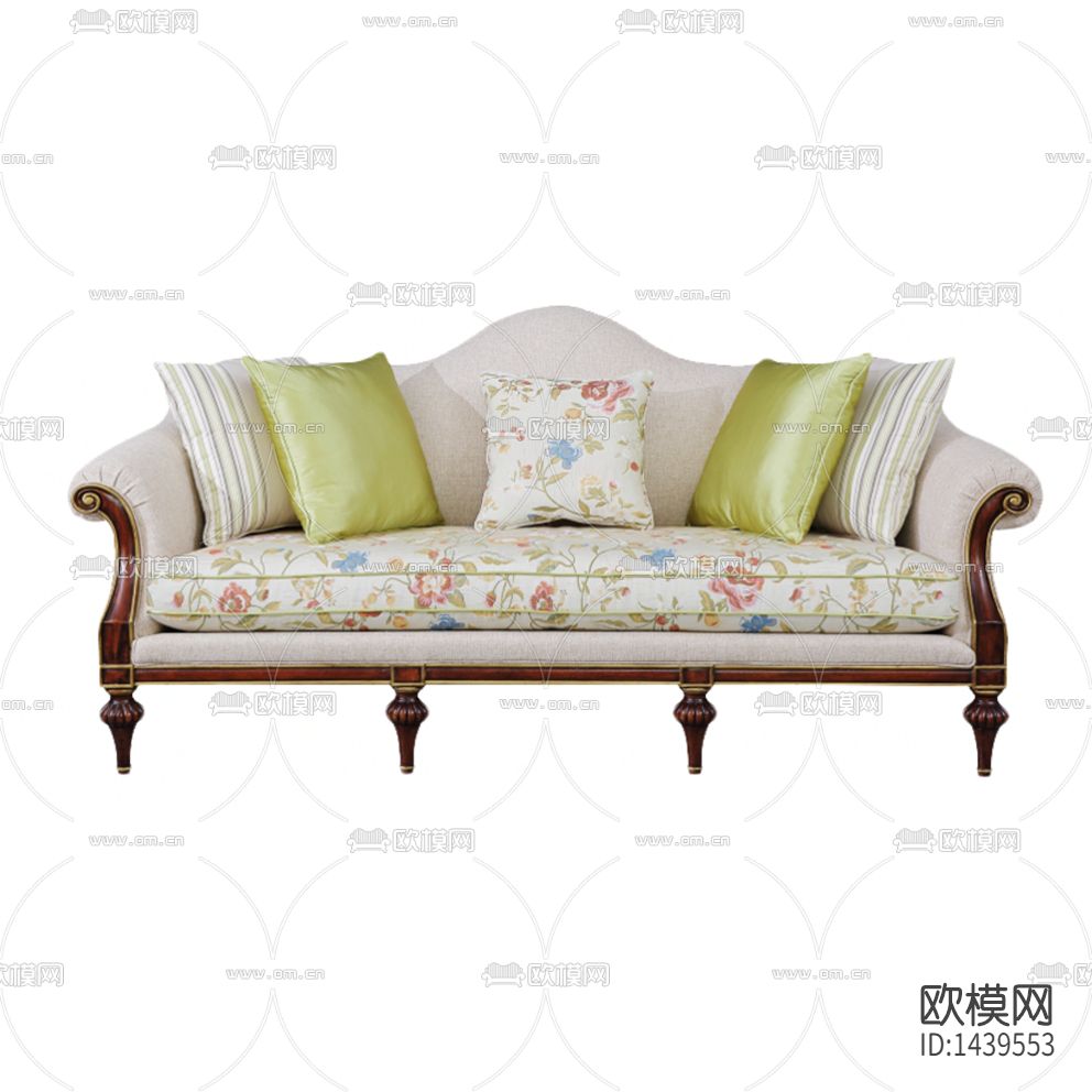 新古典实木雕花布艺三人沙发