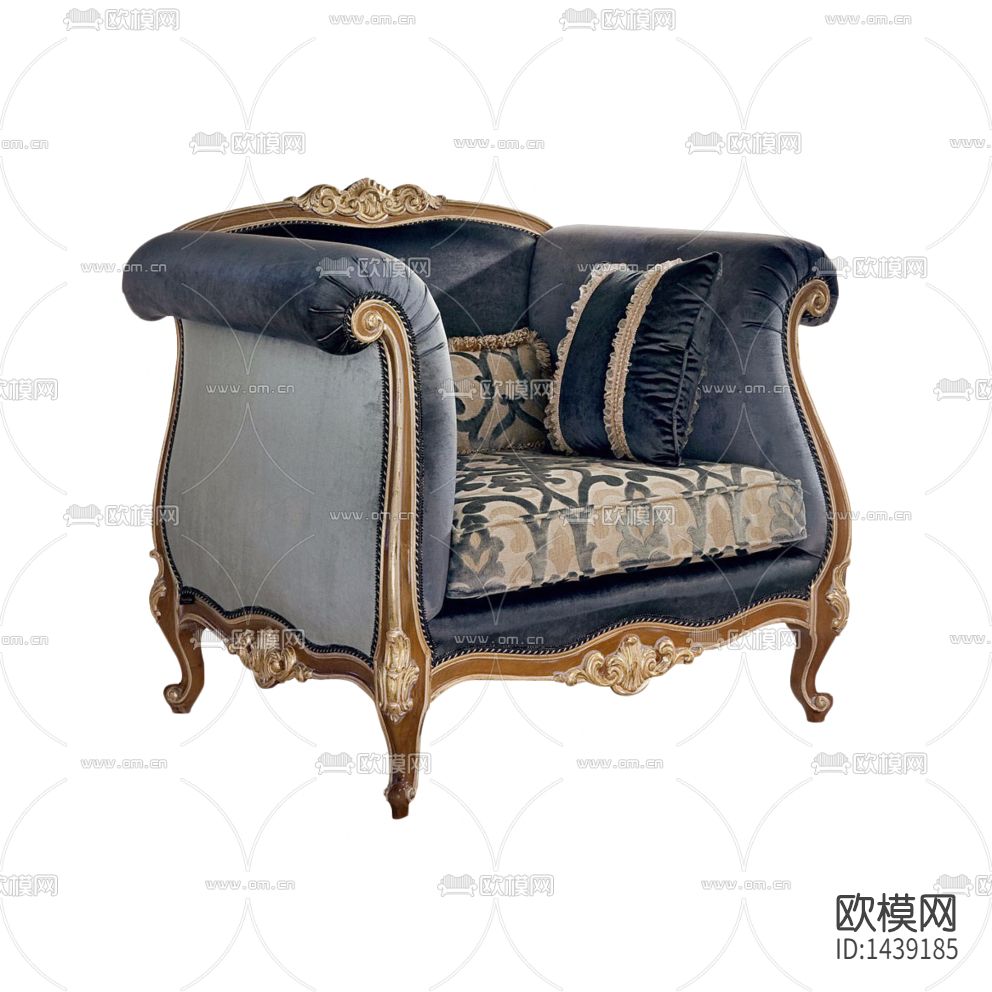 欧式古典实木雕花描金布艺单人沙发下载