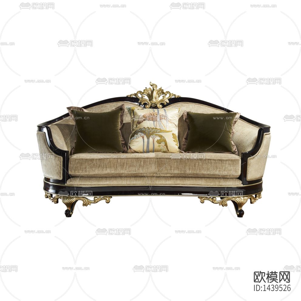 新古典实木雕花描金布艺双人沙发下载