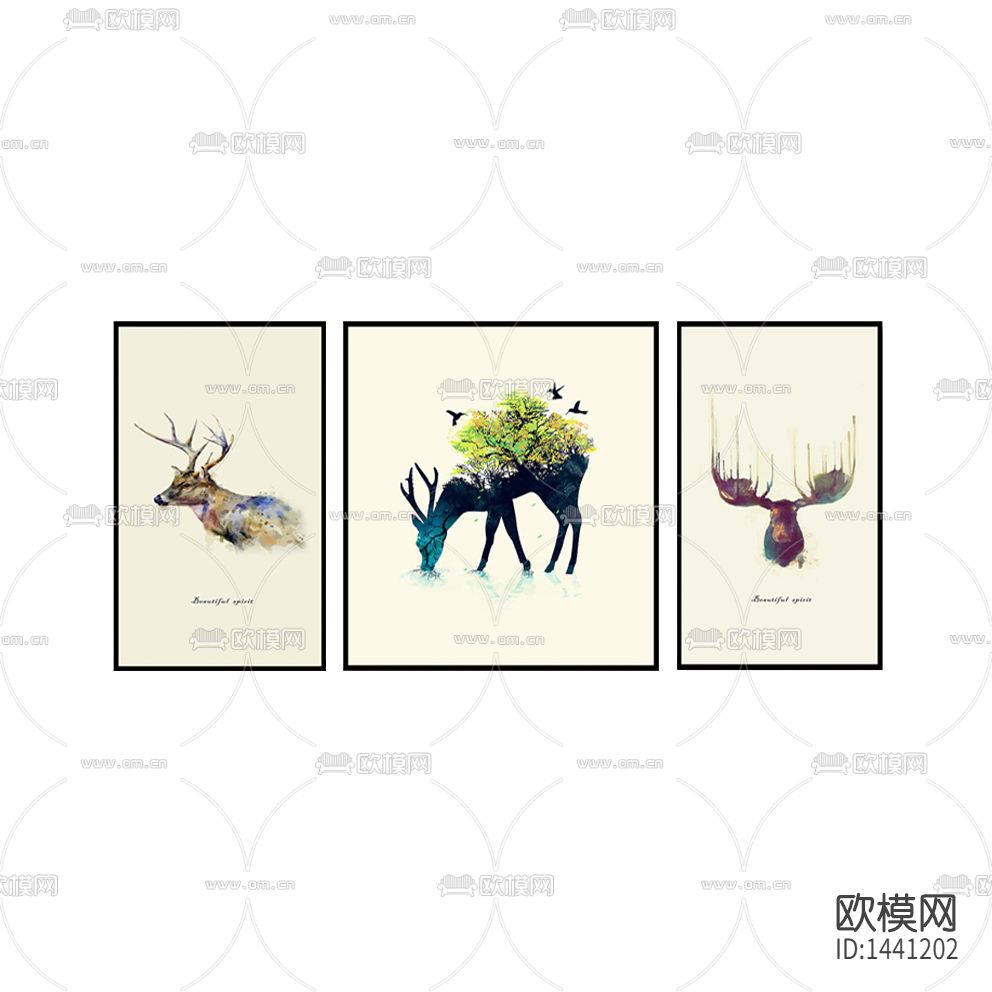 北欧简约创意抽象驯鹿三联装饰画下载