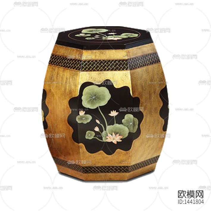 新中式六边形荷花彩绘实木凳子