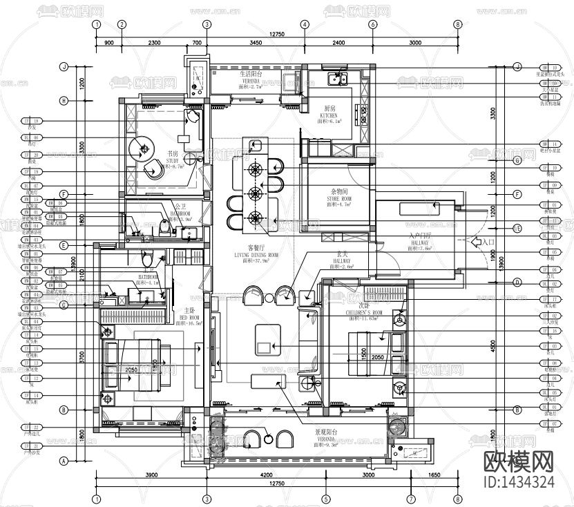 样板间cad施工图下载（渲染图1）