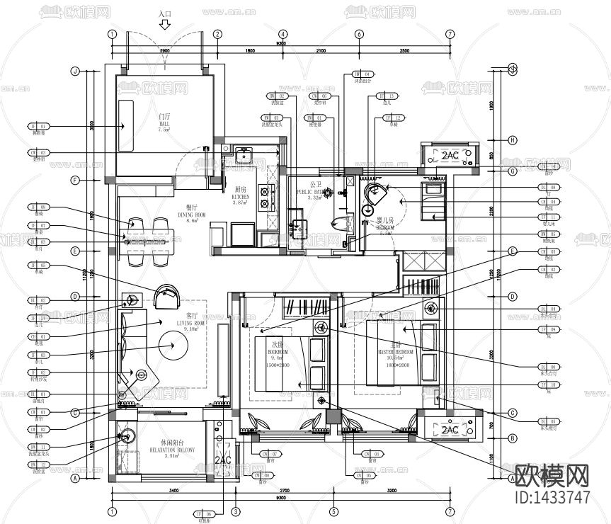 样板间cad施工图下载（渲染图2）
