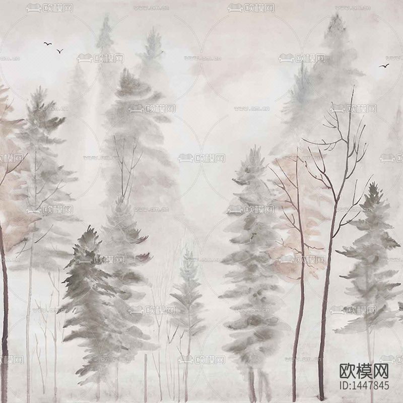 新中式禅意森林水墨画背景墙