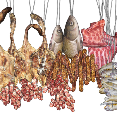  现代食品咸鱼腊肉板鸭腊肠su模型 