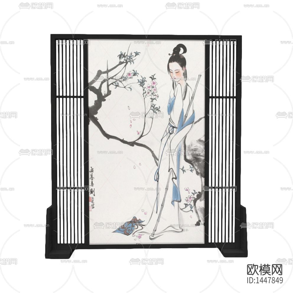 新中式禅意实木美人图隔断屏风下载