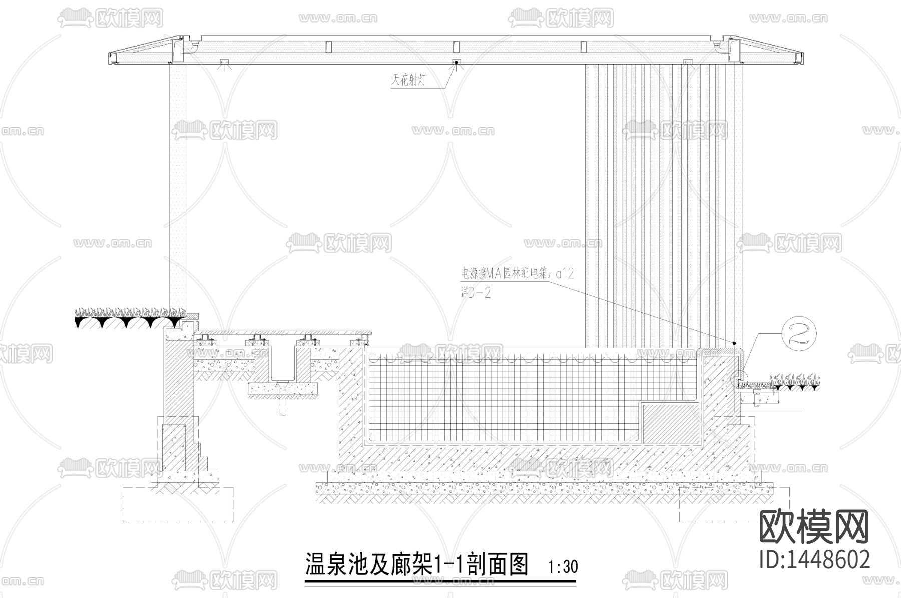 温泉池廊架cad节点图下载（渲染图1）