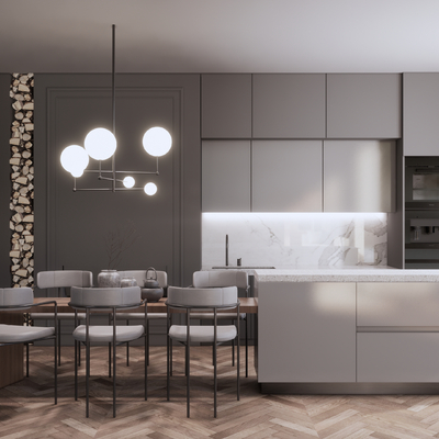  现代开放式厨房餐厅su模型 