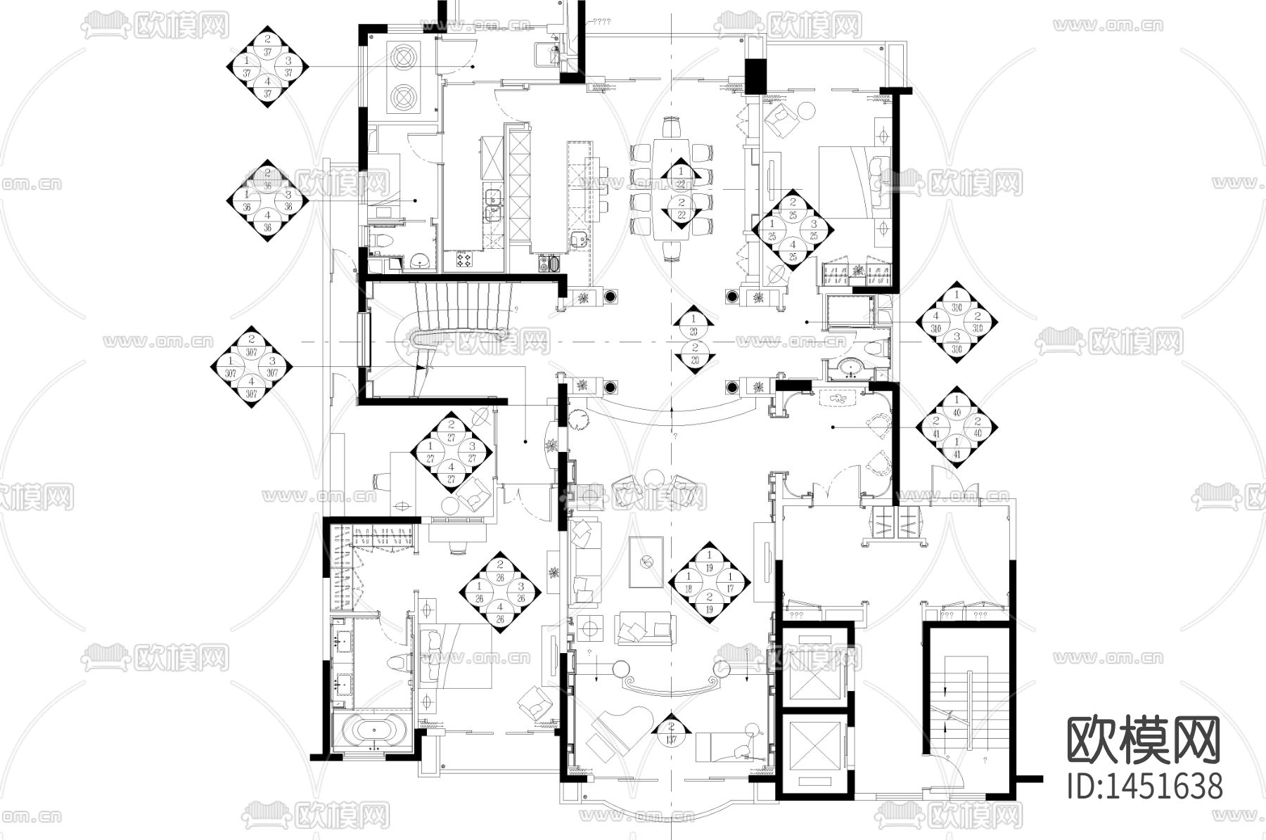新古典样板房cad平面图下载（渲染图1）