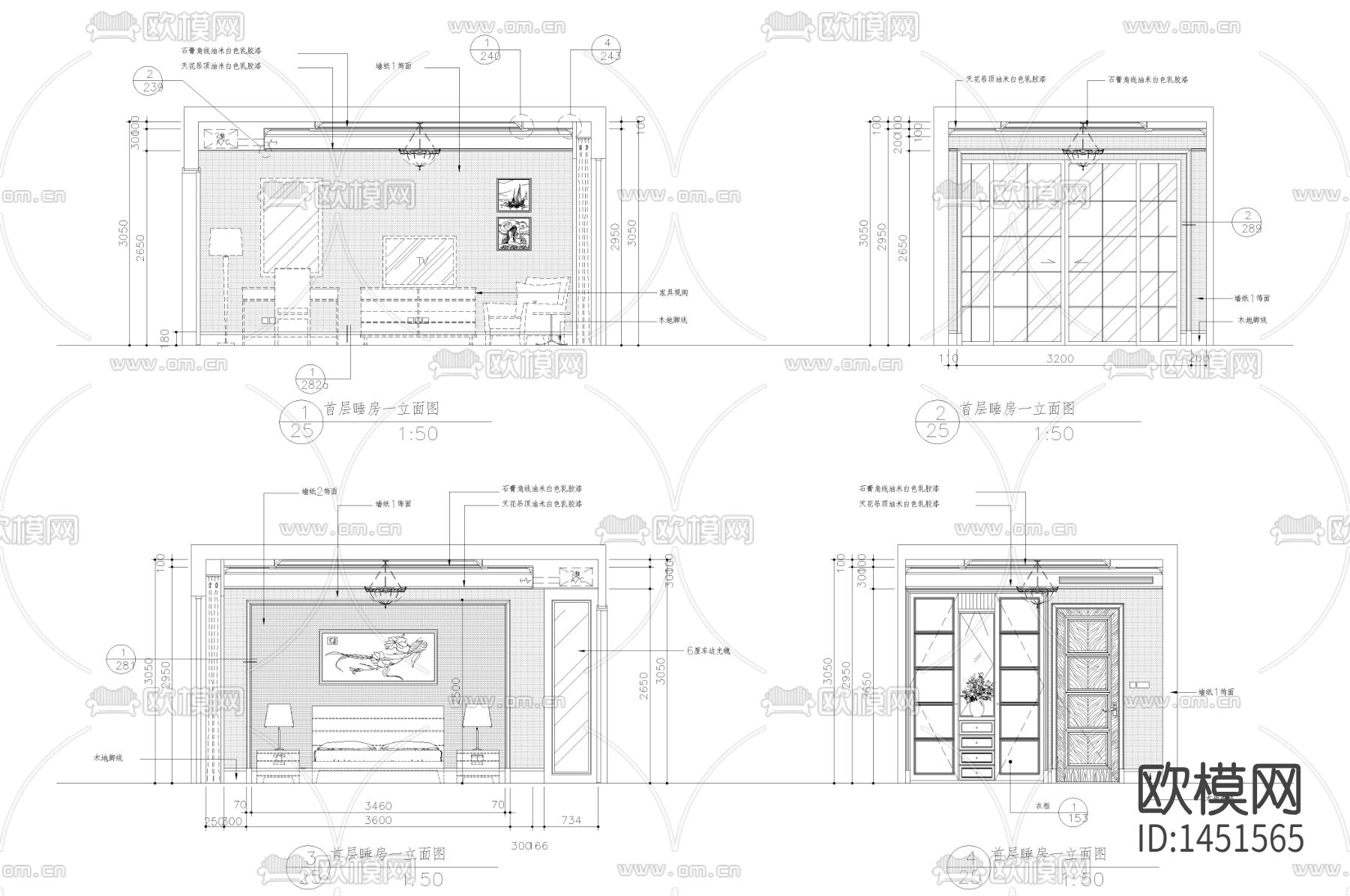 欧式新古典卧室cad立面图下载（渲染图2）
