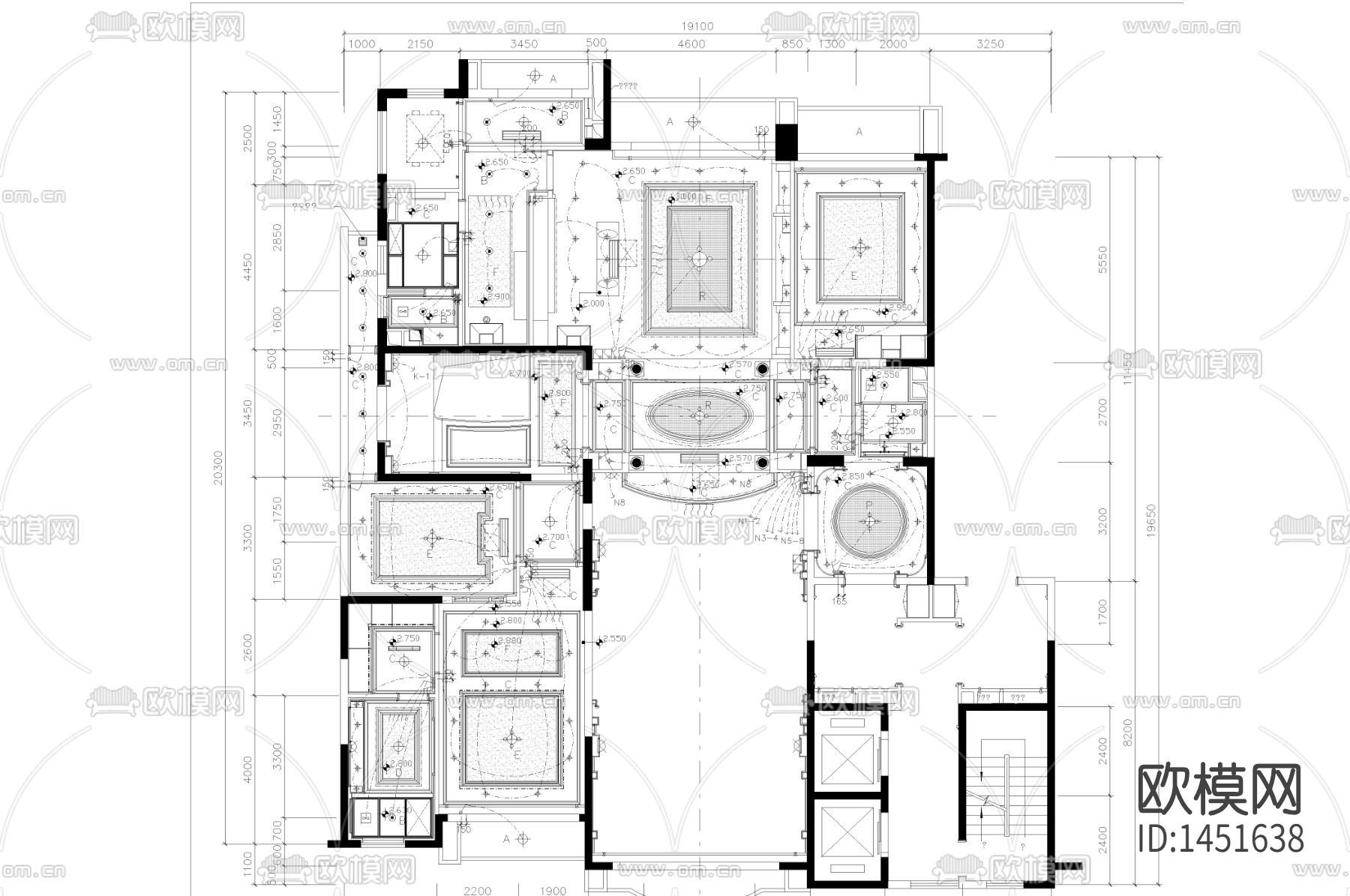 新古典样板房cad平面图下载（渲染图2）