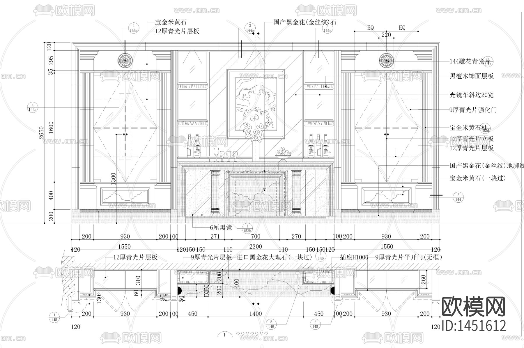 新古典酒柜cad立面图下载（渲染图2）