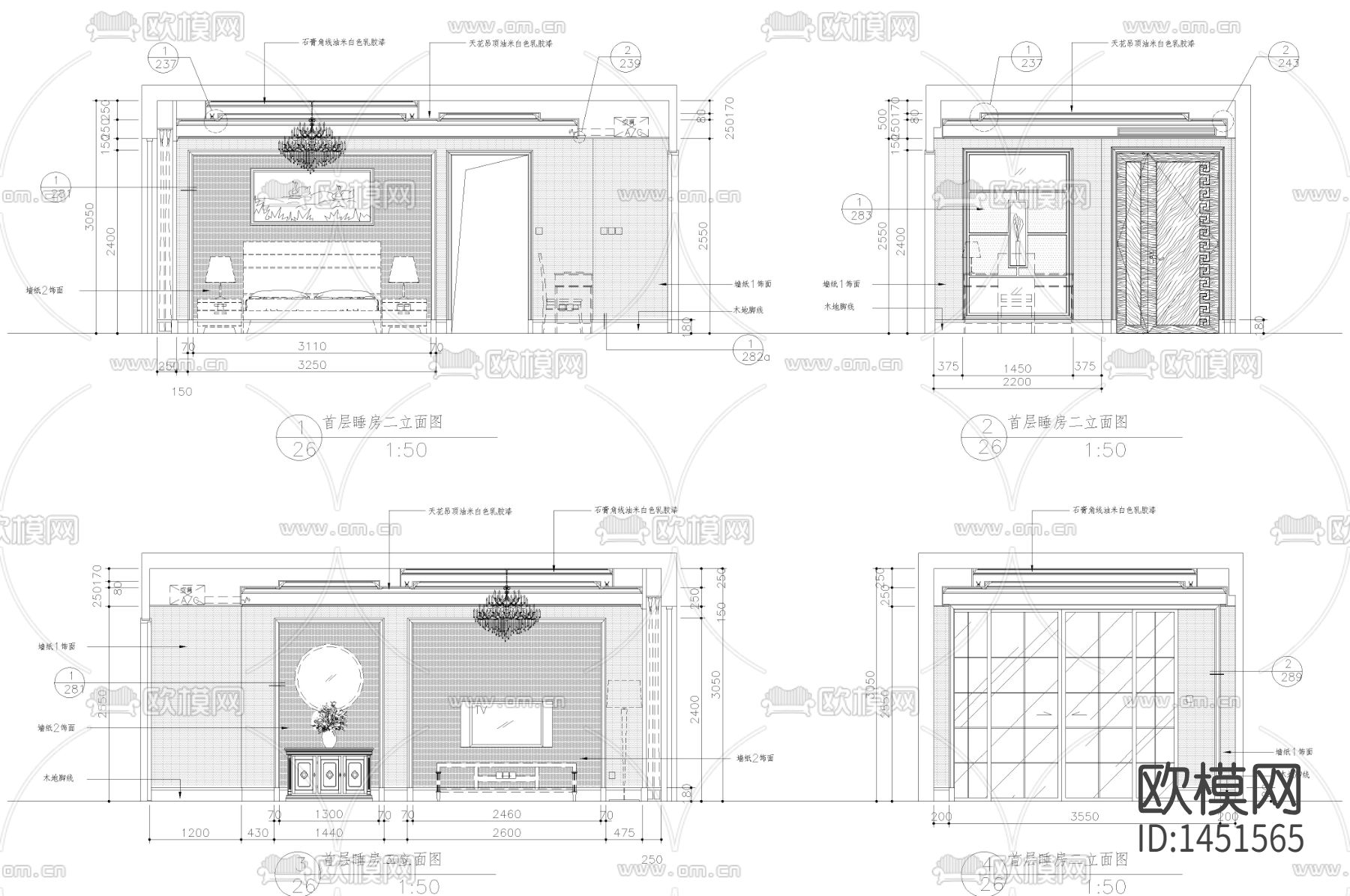 欧式新古典卧室cad立面图下载（渲染图1）