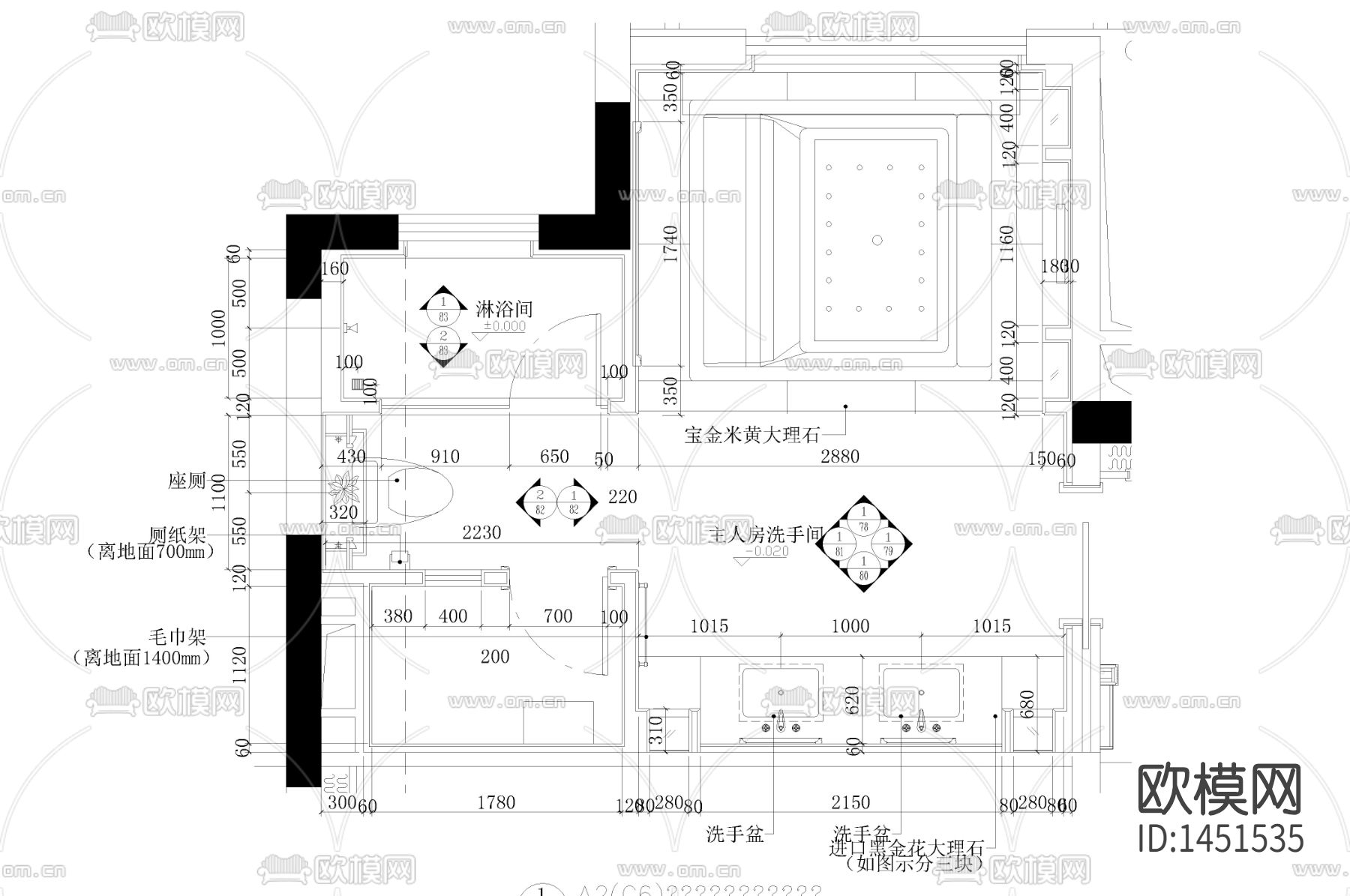 二层主人房洗手间cad平面图下载（渲染图1）