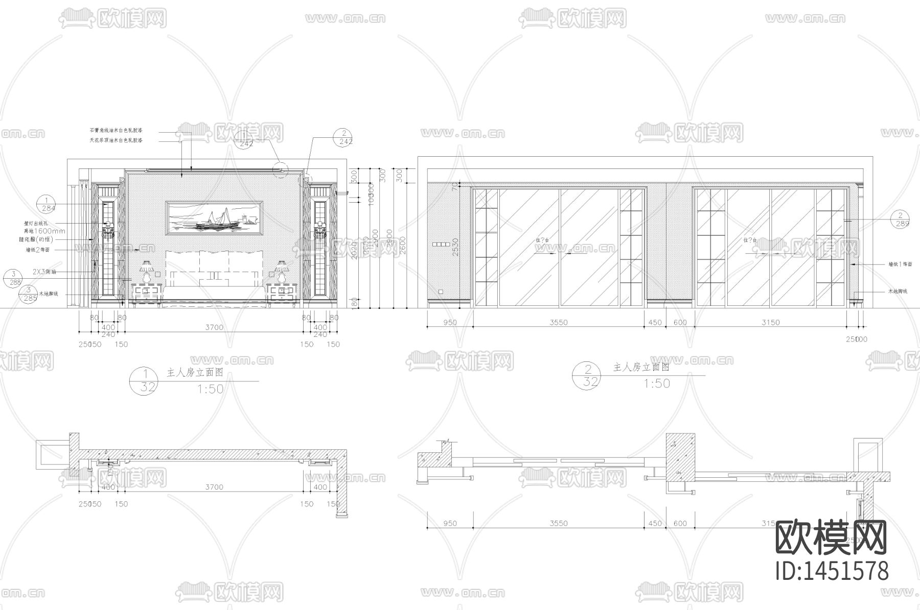 欧式新古典主卧室cad立面图下载（渲染图1）
