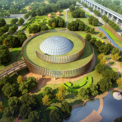  现代城市公园鸟瞰规划su模型 