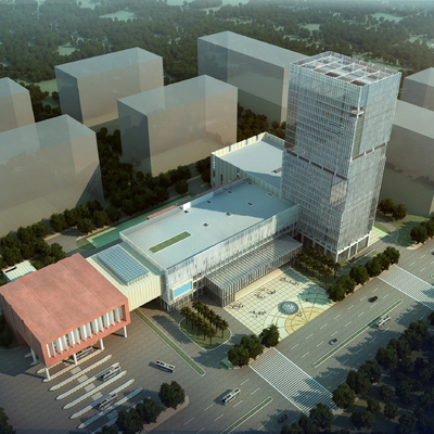  现代办公楼鸟瞰规划su模型 