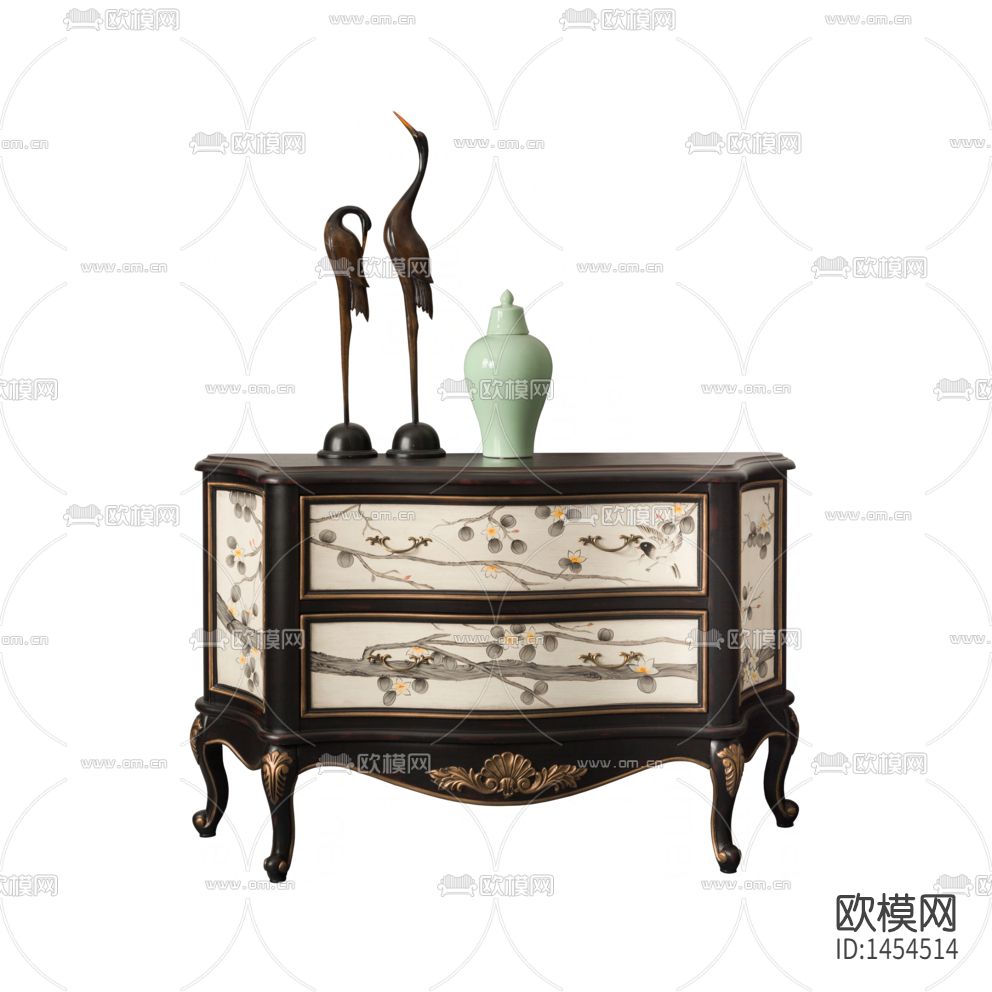 美式简约创意实木雕花彩绘边柜下载