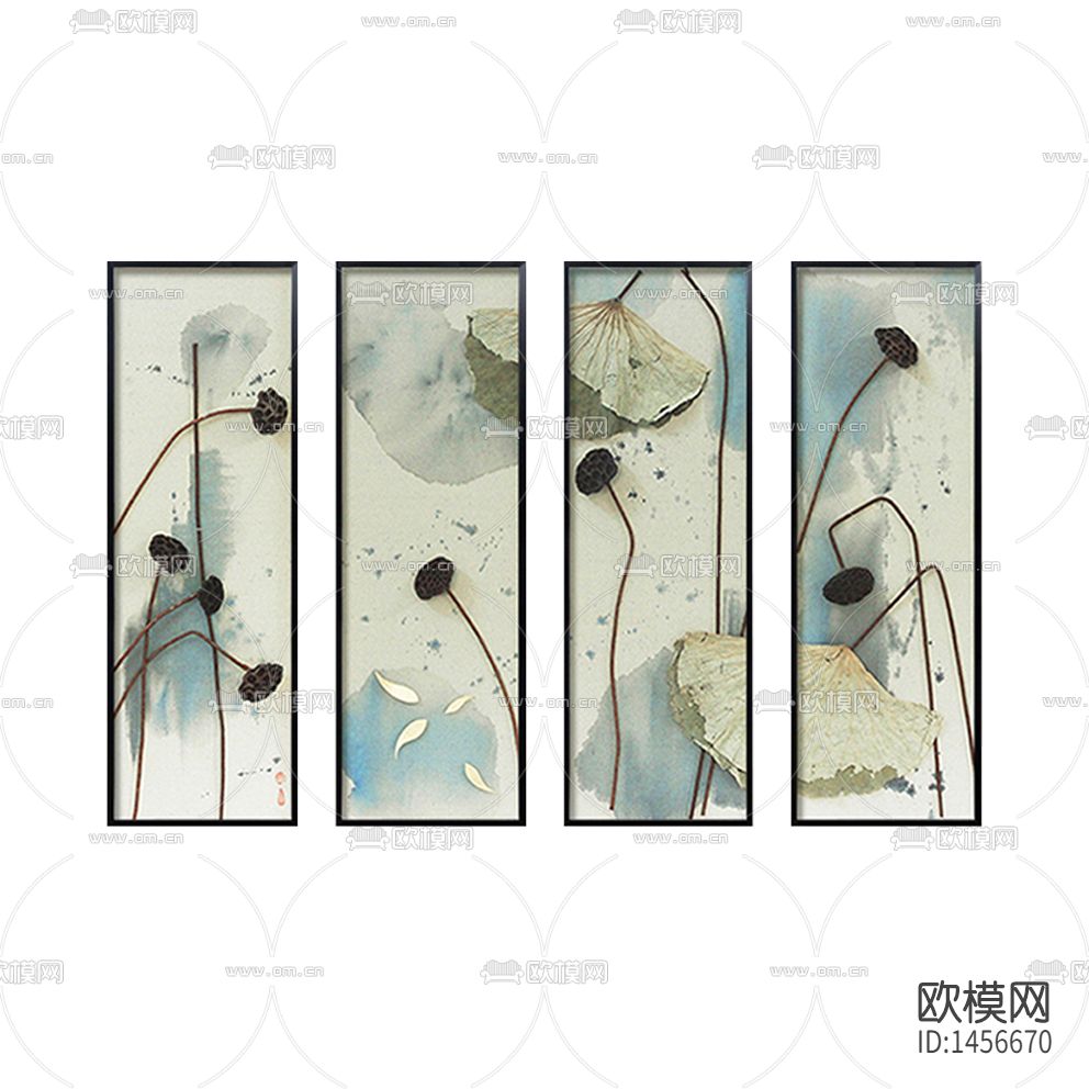 新中式创意手绘枯莲蓬立体四联装饰画下载