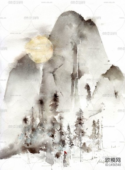 中式禪意水墨山水背景墻下載