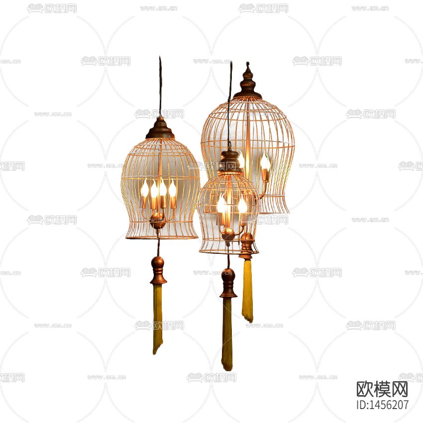 中式古典实木铁艺鸟笼吊灯下载