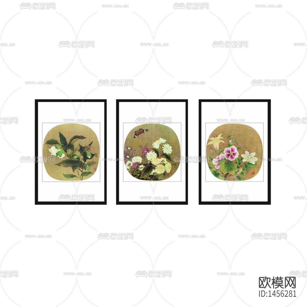 中式古典禅意花卉三联装饰画下载