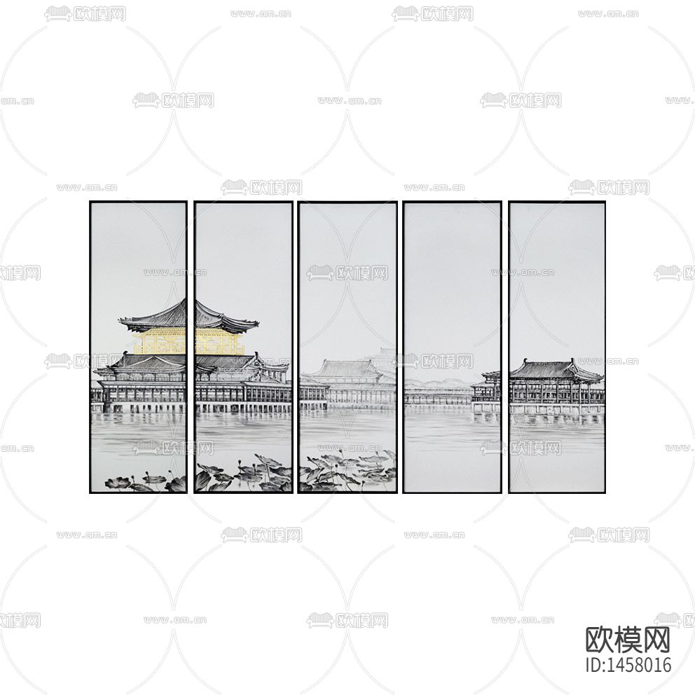 新中式创意鼓楼五联装饰画下载