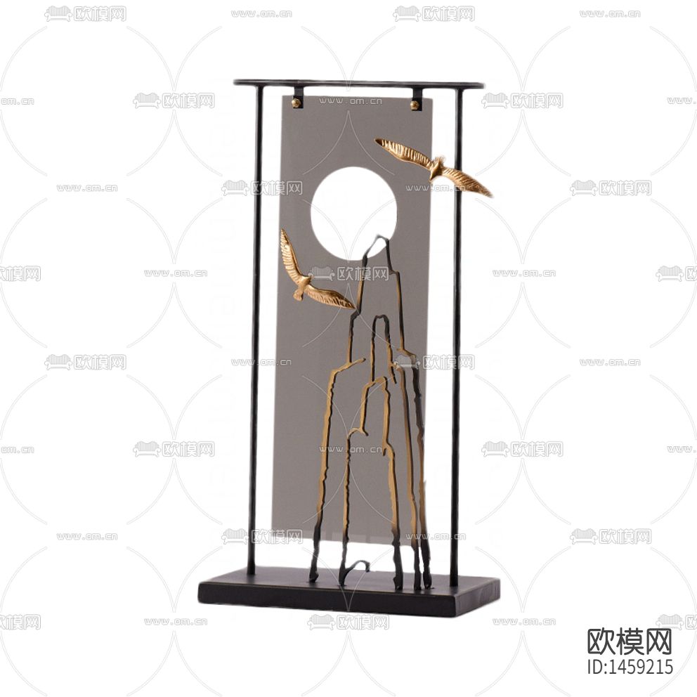新中式禅意金属假山飞鸟摆件