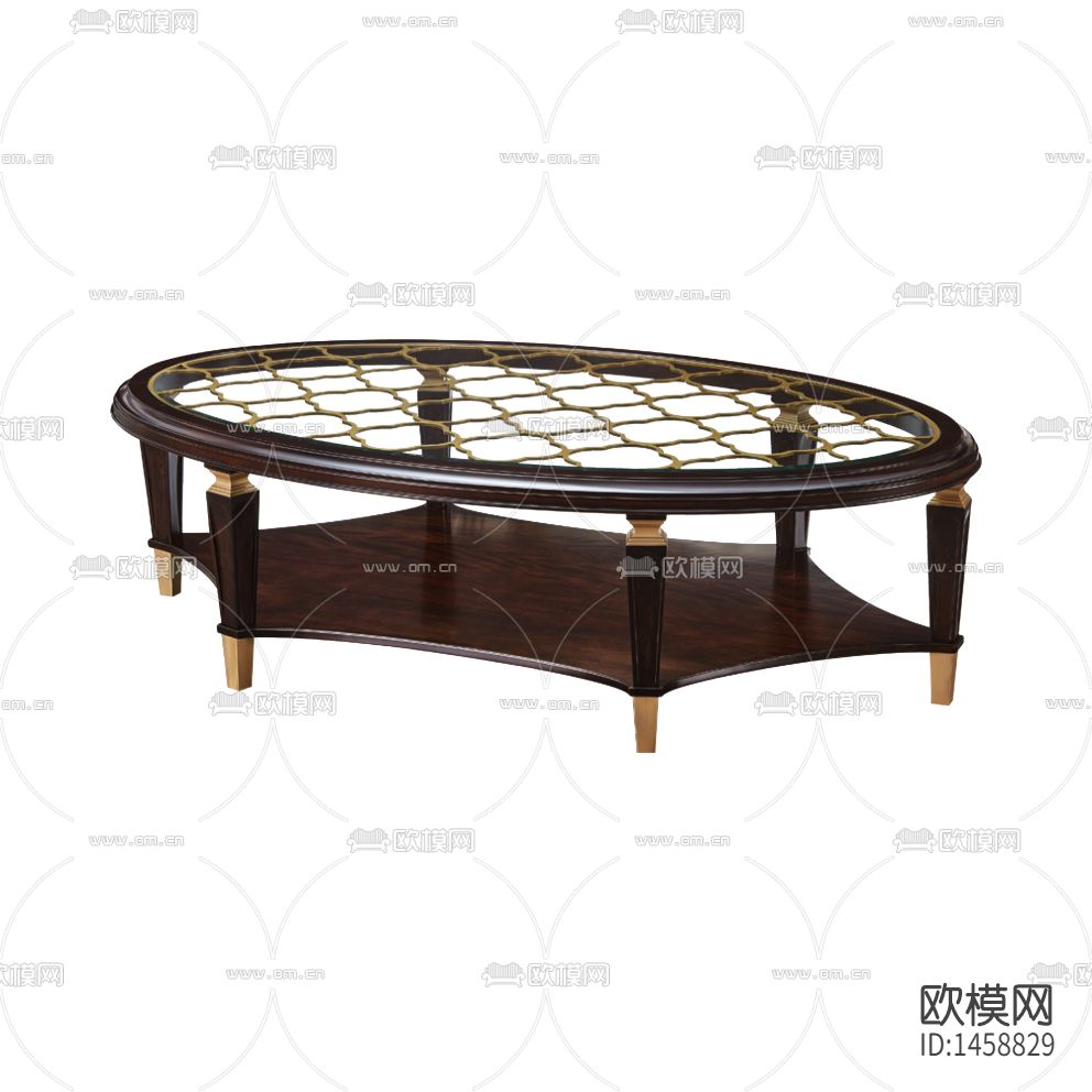 美式古典实木金属玻璃椭圆形茶几下载