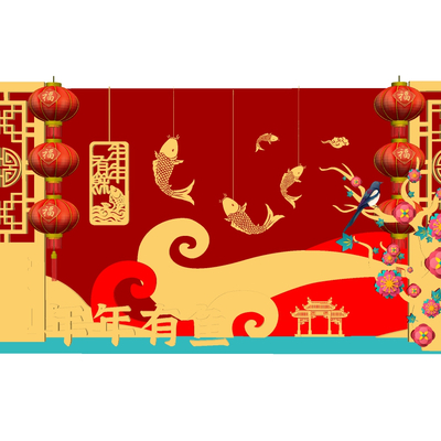  新中式新年橱窗美陈su模型 