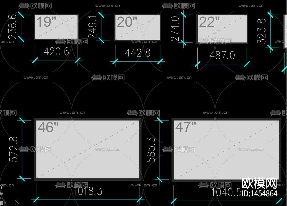 液晶电视尺寸cad图库下载（渲染图1）