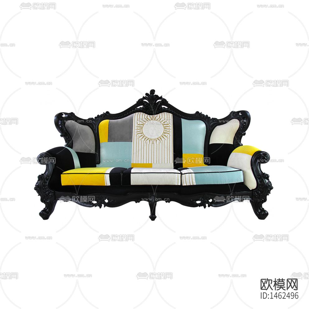 简欧创意实木雕花彩色皮革三人沙发