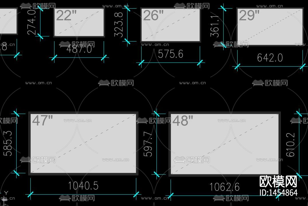 液晶电视尺寸cad图库下载（渲染图2）