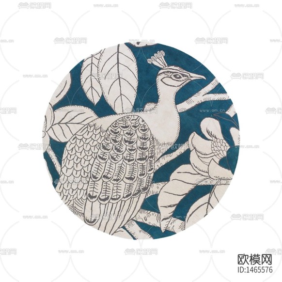 新中式藍(lán)底孔雀繡花圓形布藝地毯下載