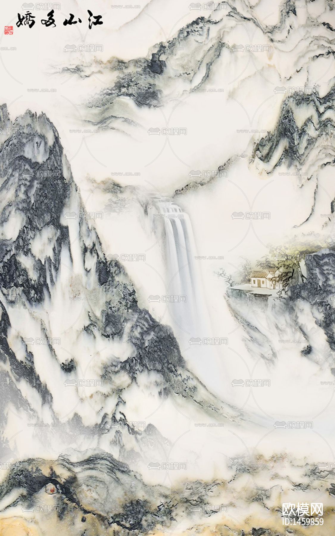 中式大理石山水画背景墙下载