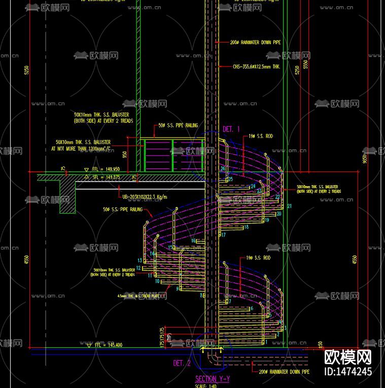 钢结构旋转楼梯cad节点图下载（渲染图5）
