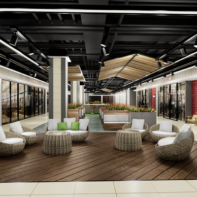  现代美食街就餐区su模型 