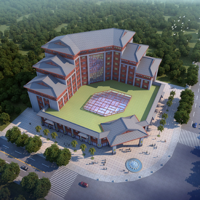  新中式酒店鸟瞰su模型 