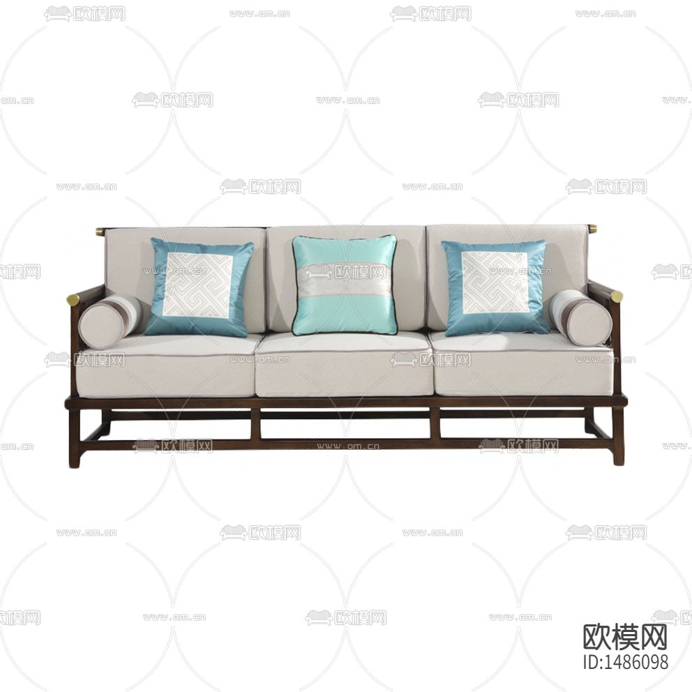 新中式禅意实木金属布艺三人沙发