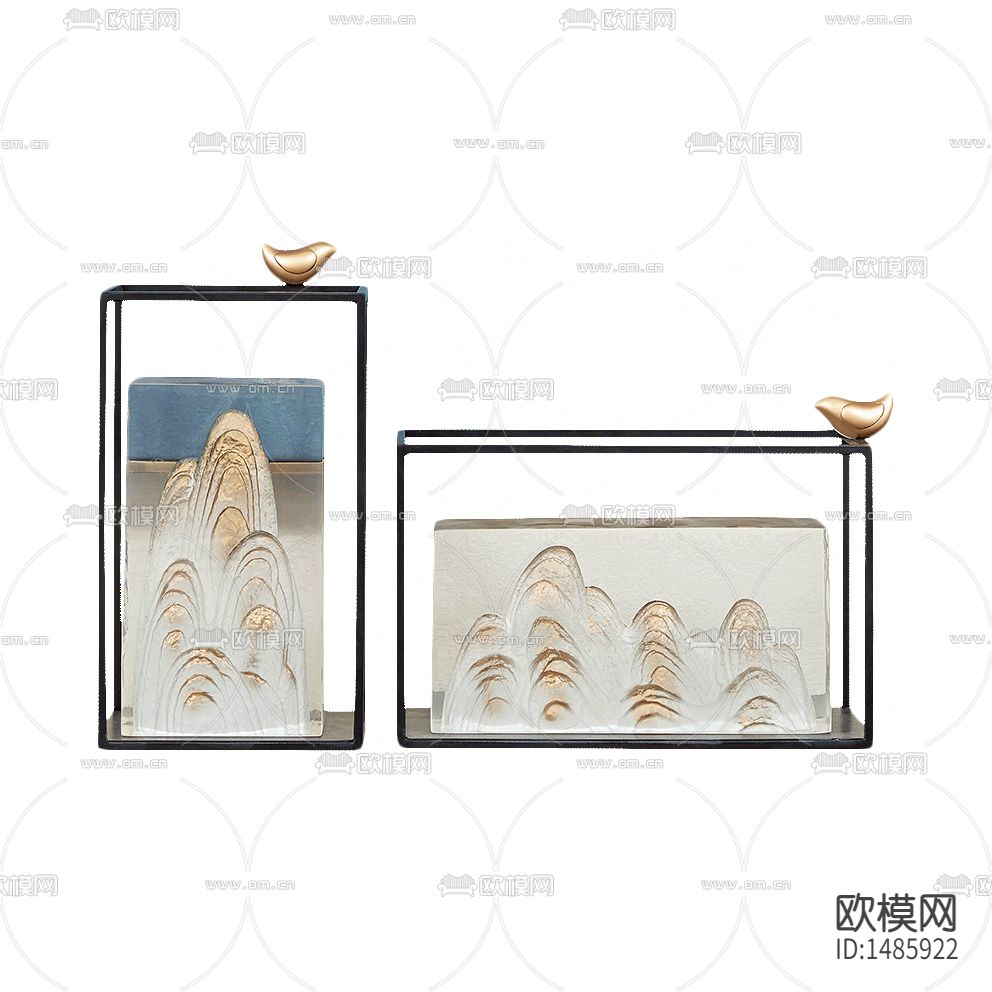 新中式轻奢金属小鸟假山摆件下载