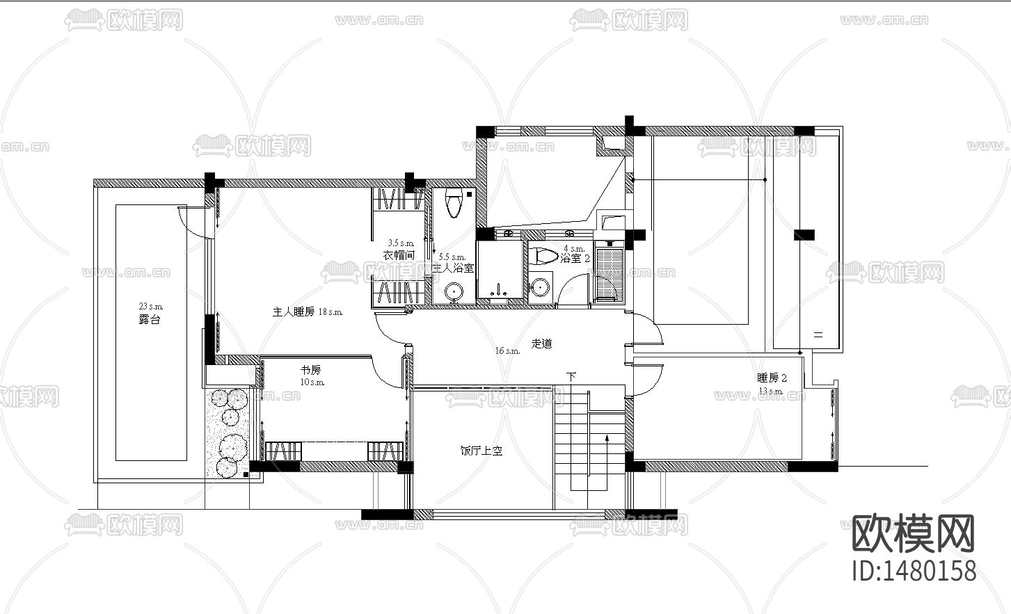水岸星城D2型别墅样板间cad施工图下载（渲染图2）