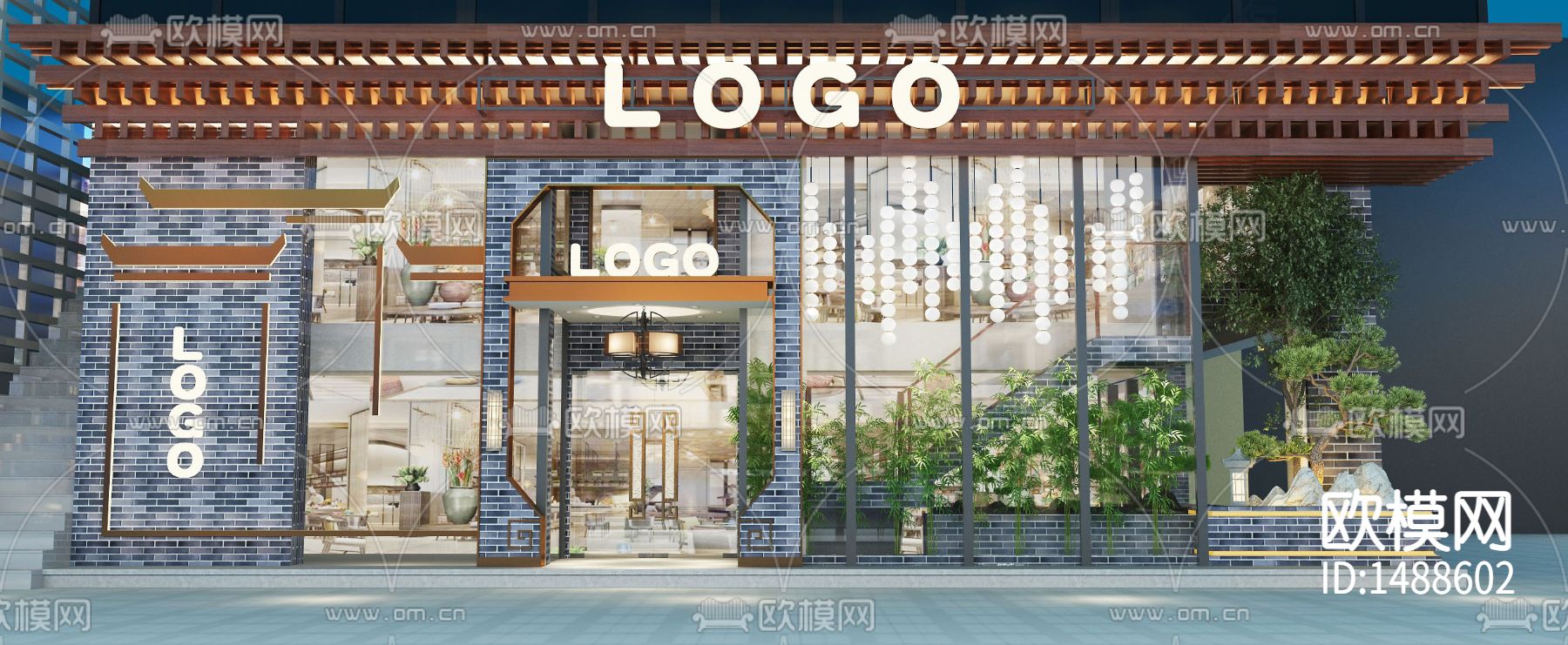 新中式饭店cad施工图下载（渲染图1）