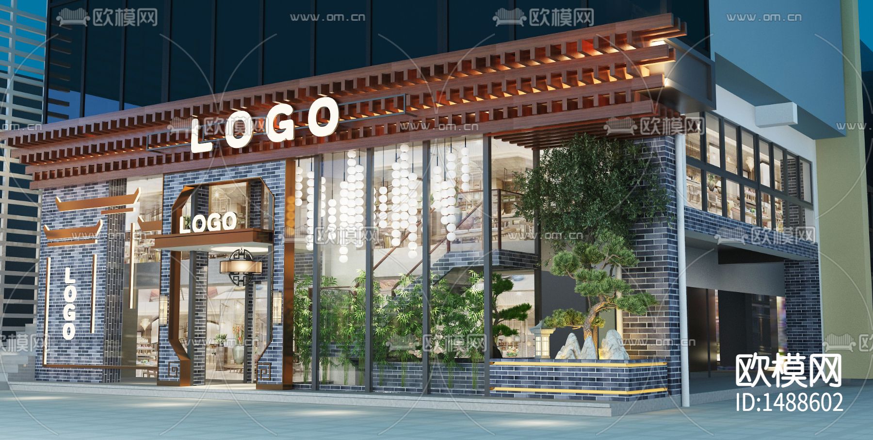 新中式饭店cad施工图下载（渲染图2）