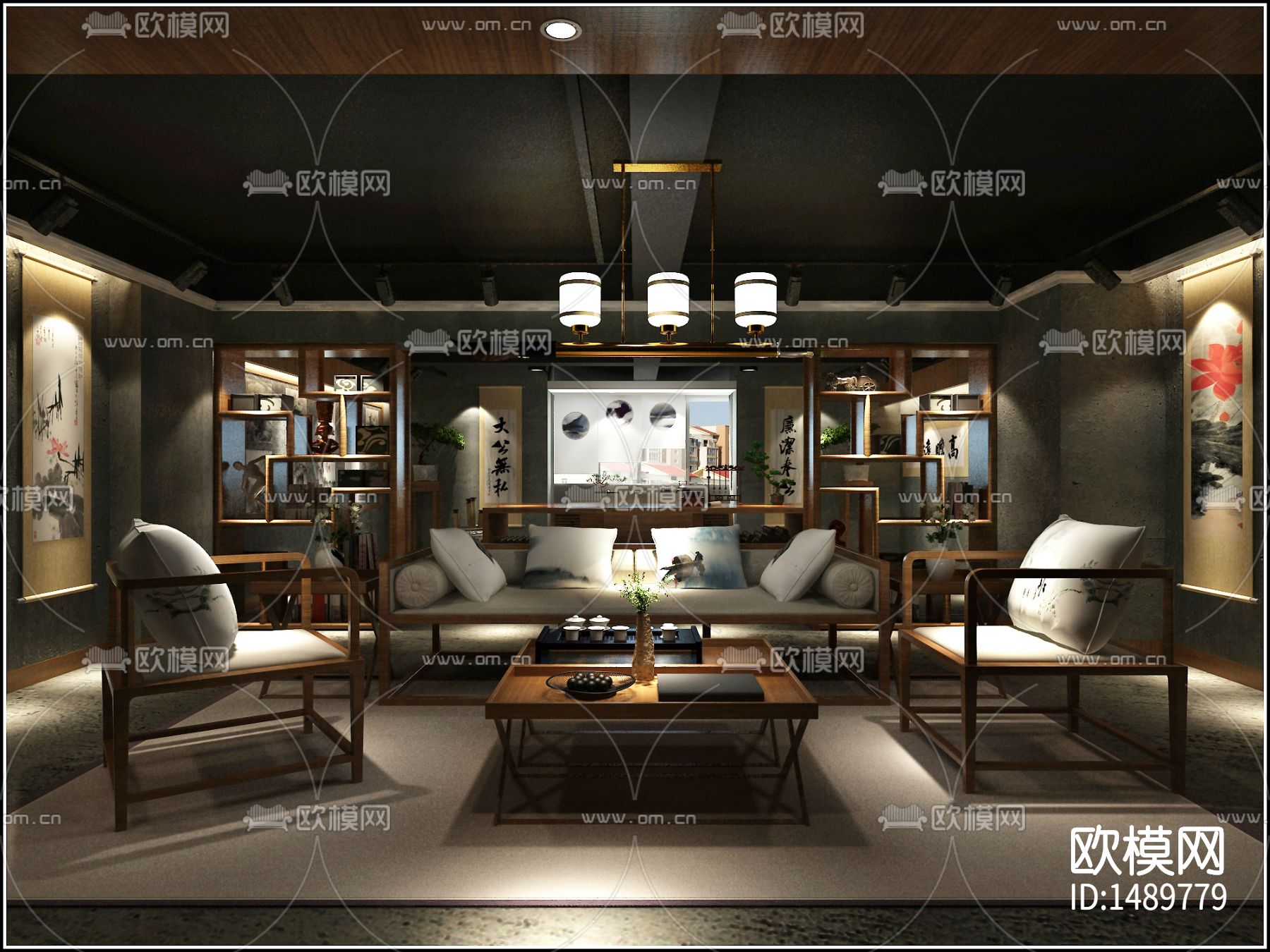 新中式会所cad施工图下载（渲染图1）